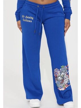 ED HARDY | Tiger Lotus Flare Sweatpants in Cobalt Blue, Size Large